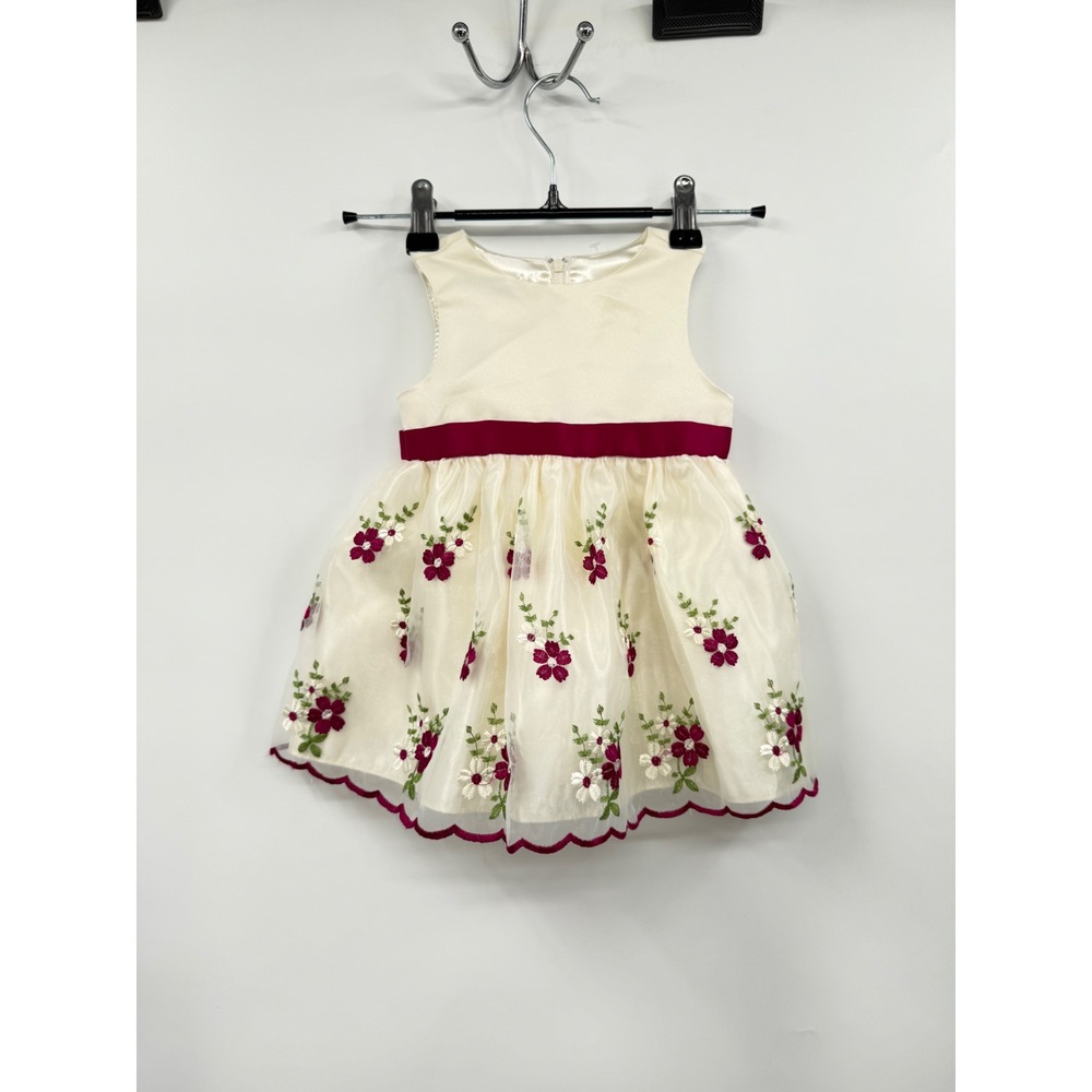 Couture Princess 12M Formal Dress Baby Girls Cream Burgundy Floral Embroidered